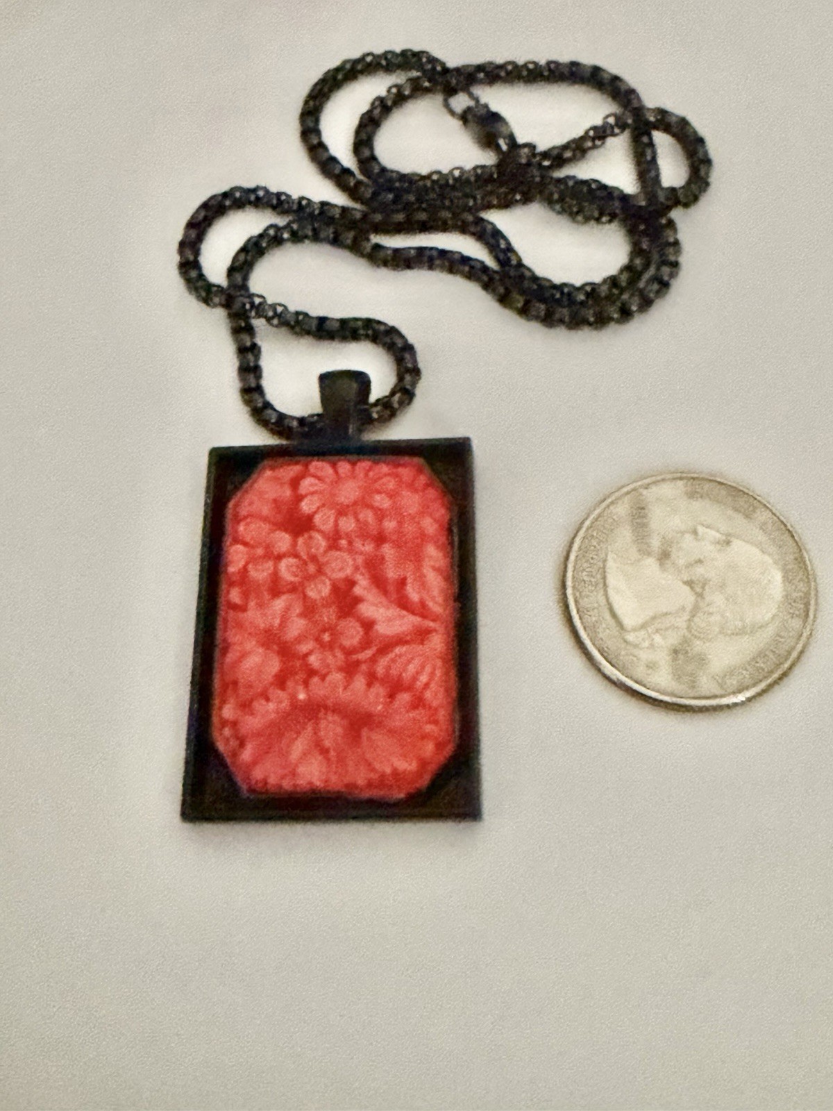 Art Deco Upcycled Bohemian Molded Coral Flowers Glass Black Rim Pendant Necklace