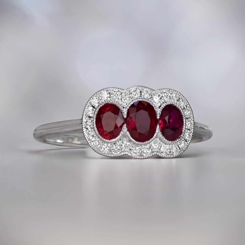 3/4 Ctw Red Oval Cut CZ Three Stone Art Deco Retro Engagement Ring In 925 Silver
