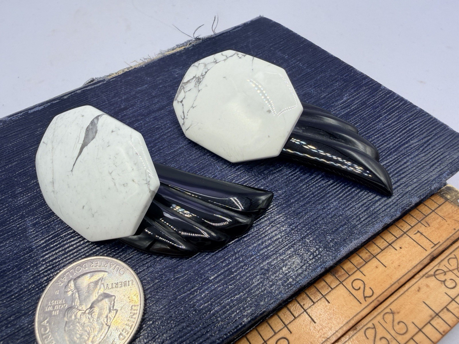 White & Black Gemstone Clip On Earrings 1980s Vintage Carved Wings Ro-Do Saks JN