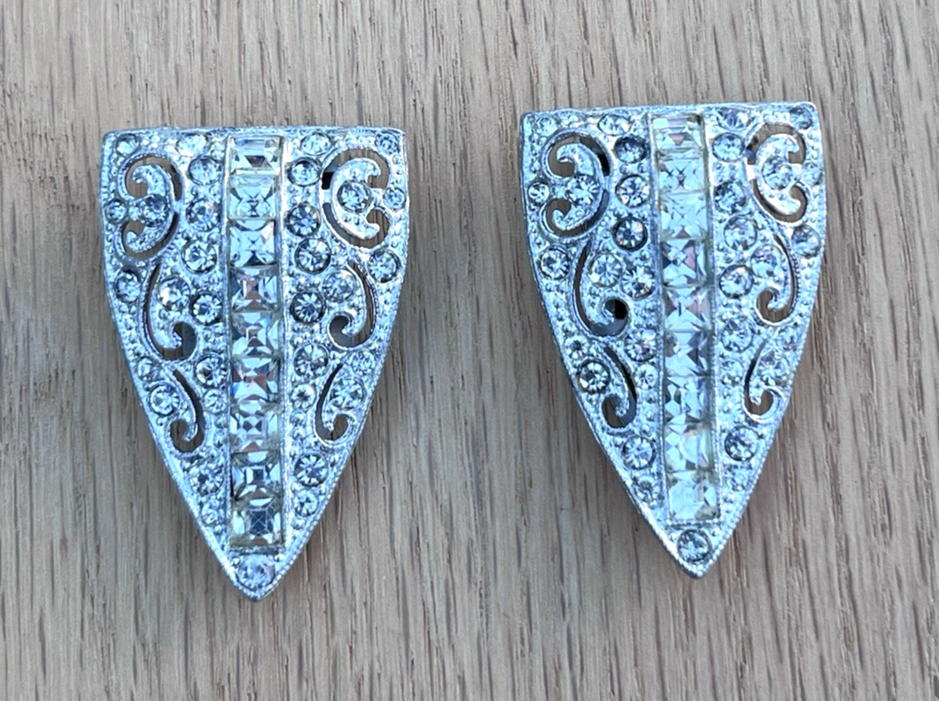 Antique Art Deco Brooch & Dress Shoe Fur Scarf Clip Clips Lot Silver Tone Clear
