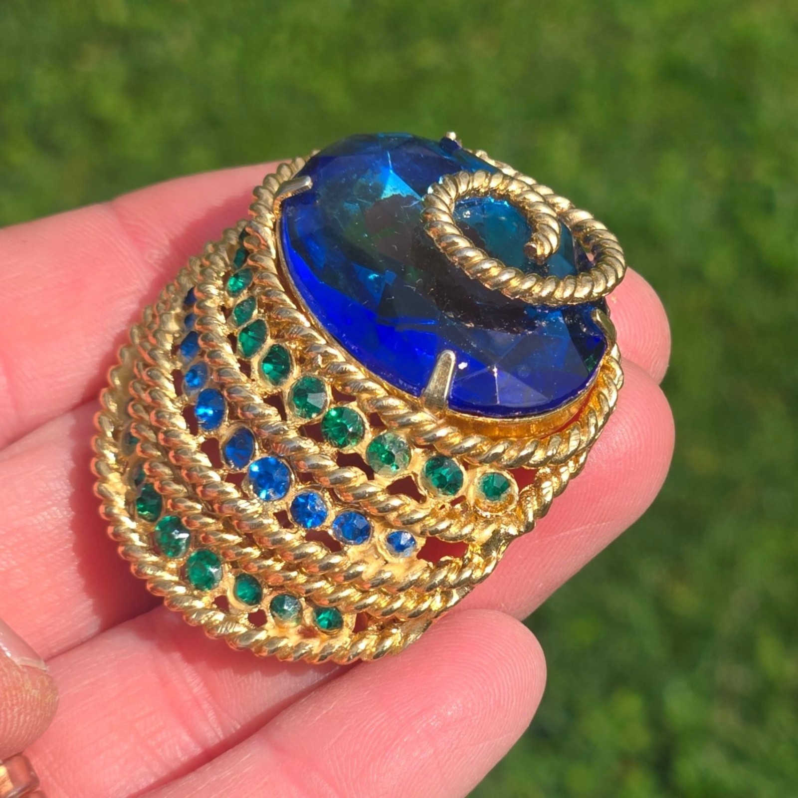 Vintage Corocraft Blue Glass Brooch Rhinestone Designer Jewelry Egyptian Revival