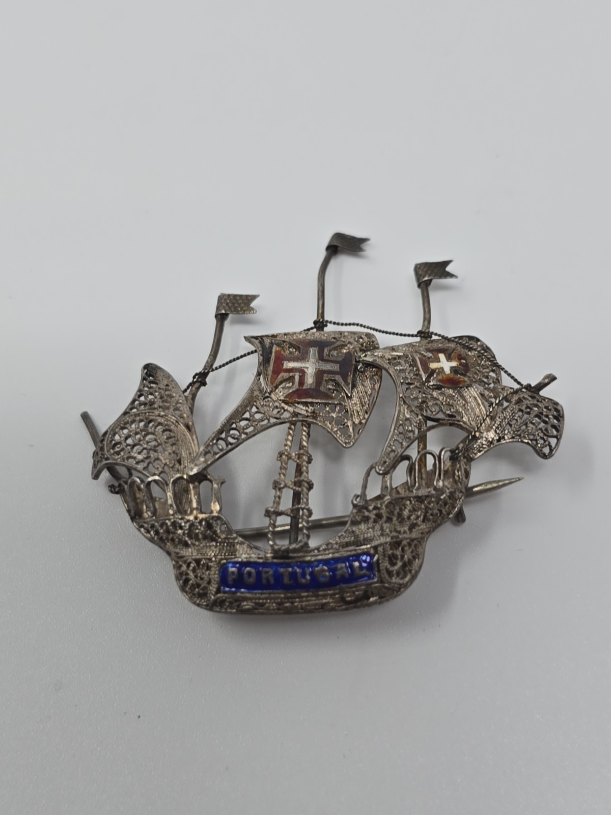 Old Portugal Silver Tone Sail Ship W/ Filigree Brooch Pin