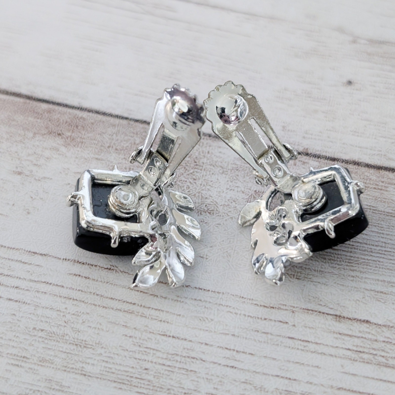 Vintage Clip On Earrings Regal Black with Silver Tone Branch Statement