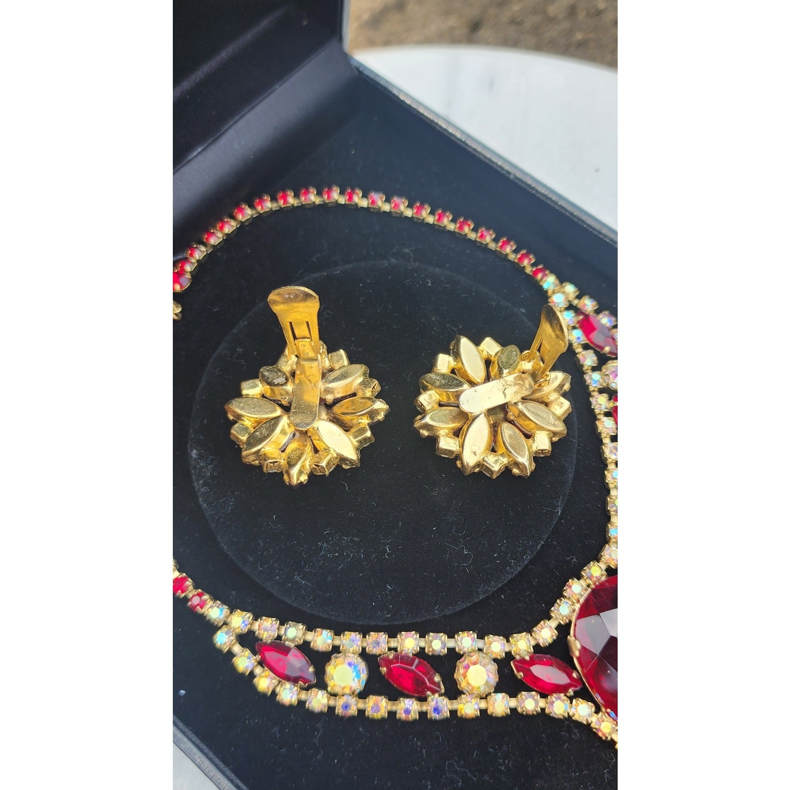 Rare Juliana DeLizza And Elster Red Rhinestone Necklace and Earrings Set