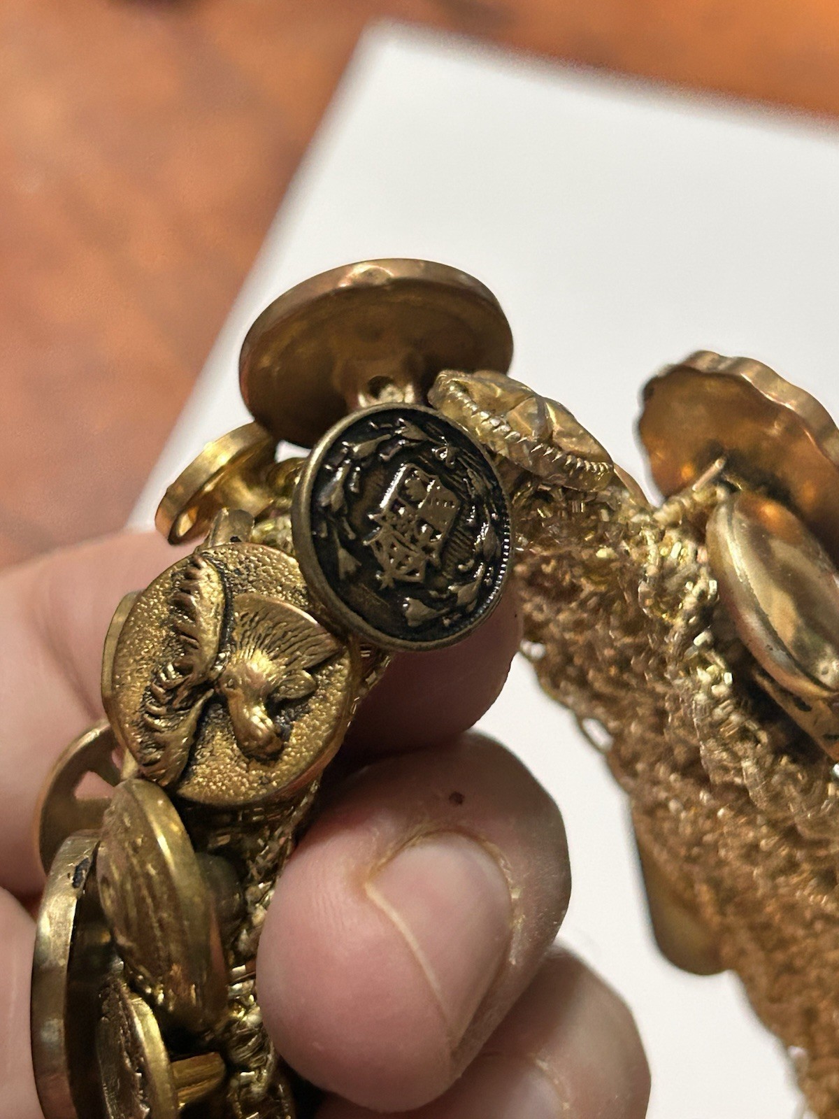 Vintage Mid-Century Buttons Bracelet Stretchy Crochet Gold Tone Victorian Style