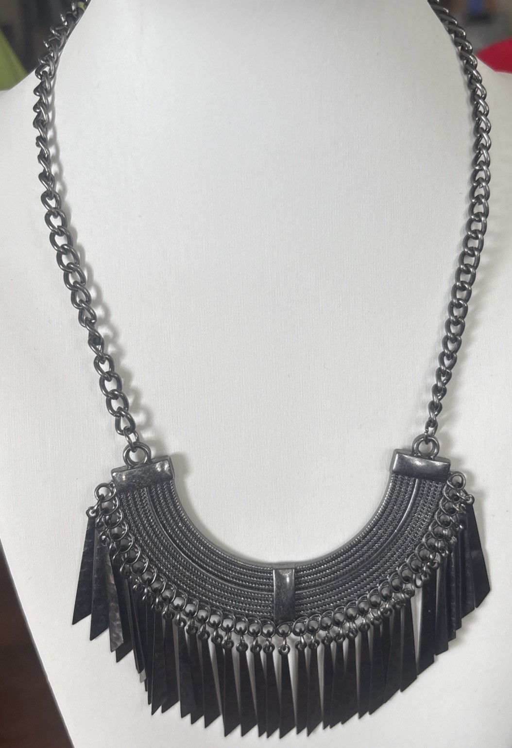 Vintage Brutalist Gun Metal Fringe Collar Necklace Bib Statement Ethnic Boho