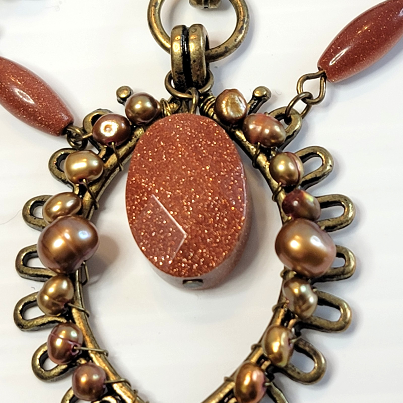 Vintage Coldwater Creek Goldstone and Pearls Bronze Tone Bib Festoon Necklace