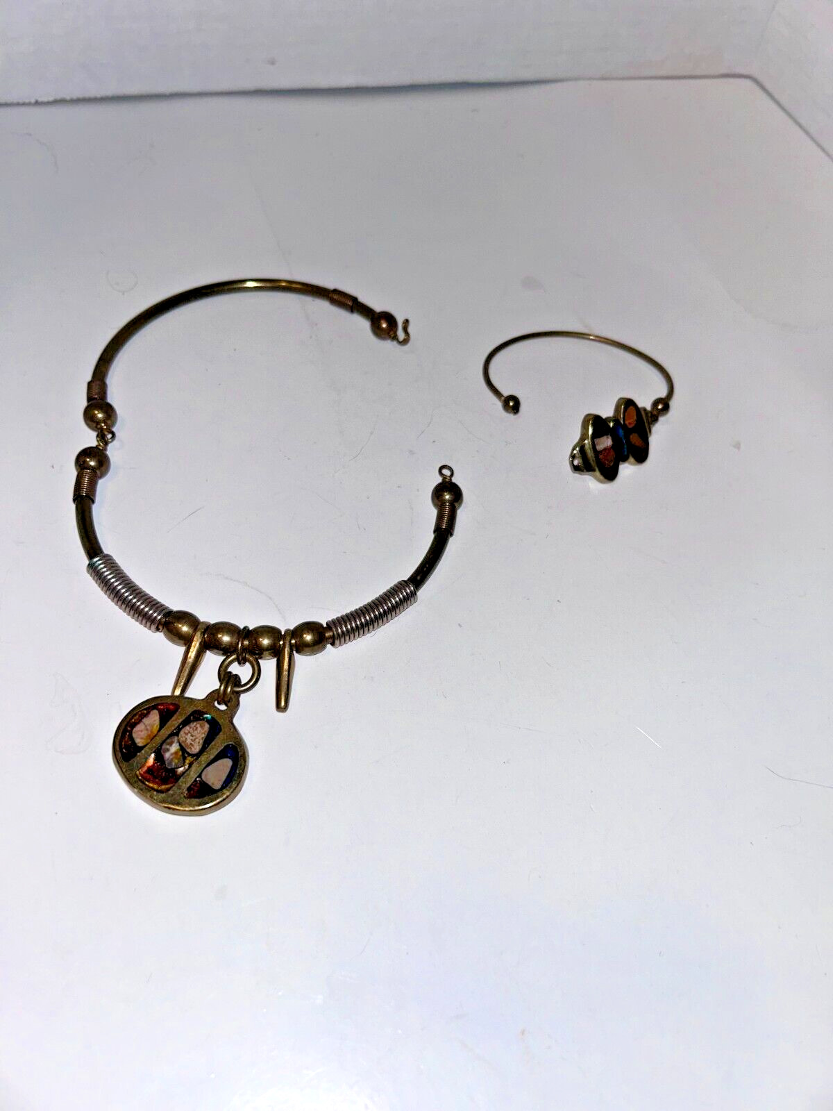 Vintage UNIQUE BRASS STONE INLAY ARTISAN NECKLACE CHOCKER & BRACELET HEAVY
