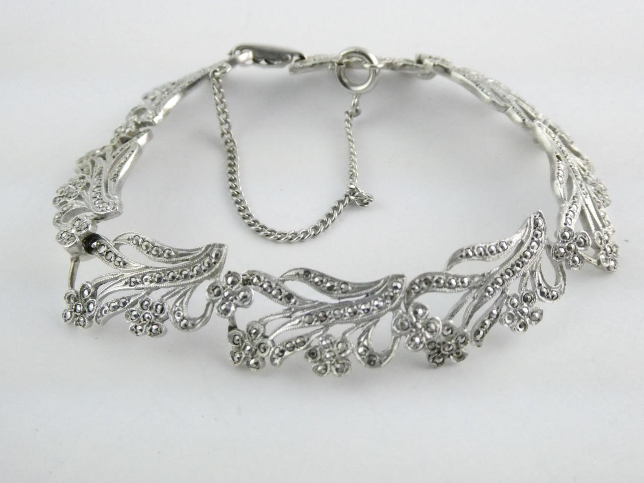 Vintage Deco Style Sterling Silver Marcasite Studded Bracelet 7.25 In GEMS MISS