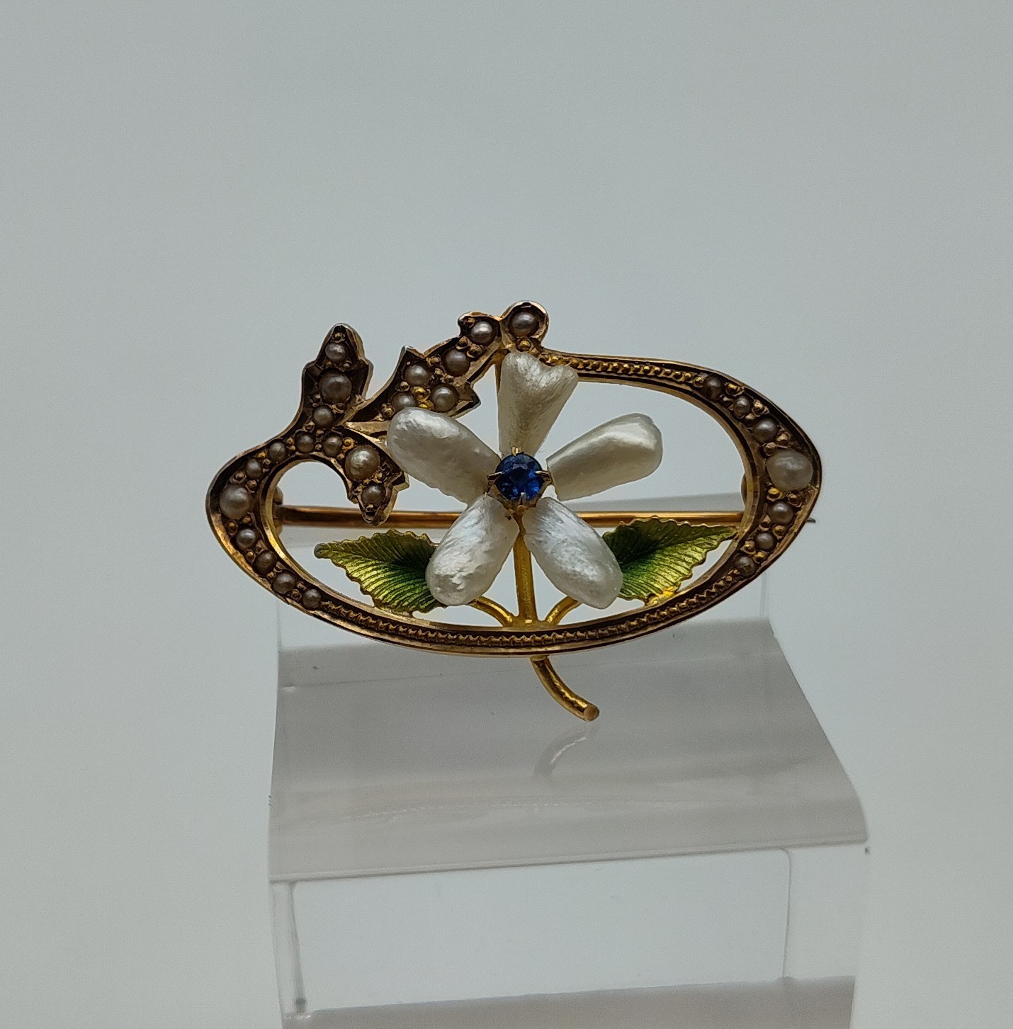 Antique Flower Pearl Blue Stone 10K Yellow Gold Green Enamel Brooch Pin Lapel