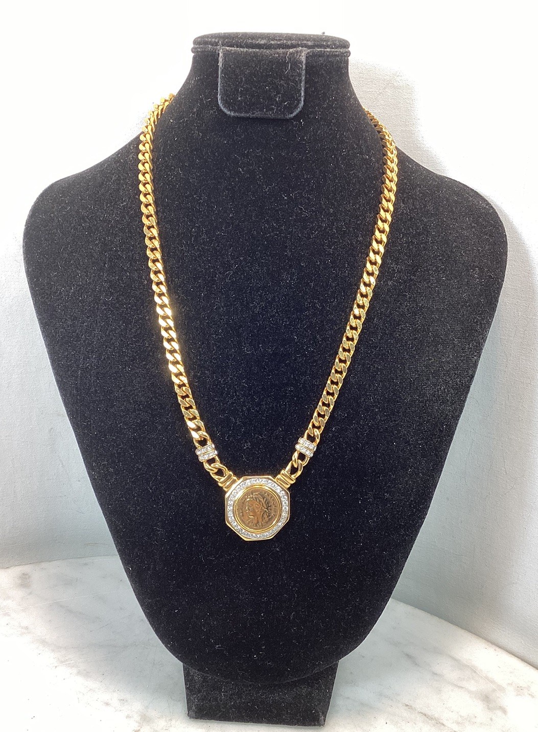 Vintage Gold Tone Roman Coin Rhinestone Pendant Curb Link Chain Necklace