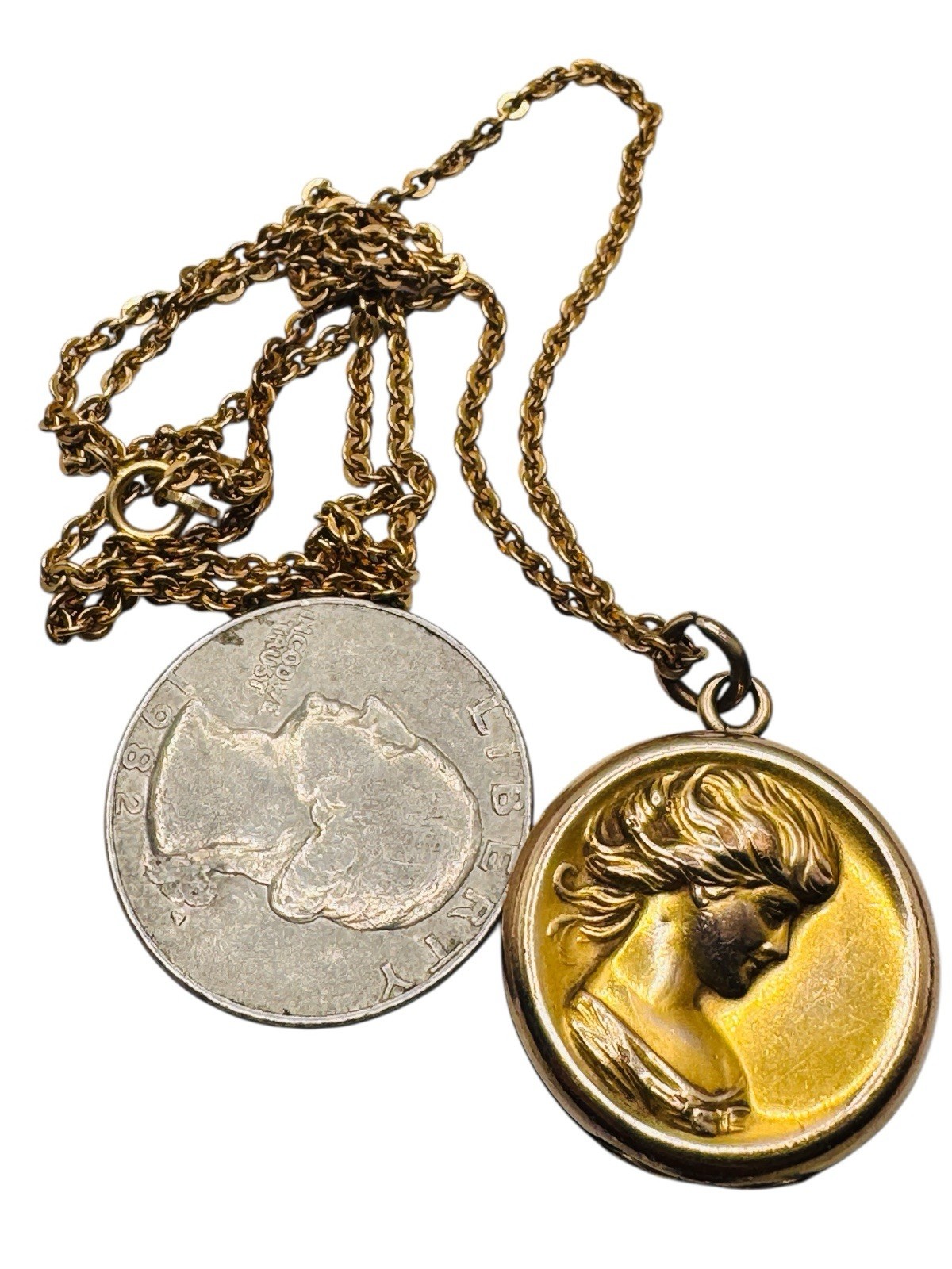 Antique Art Nouveau Rolled Gold Locket Necklace Lady Portrait