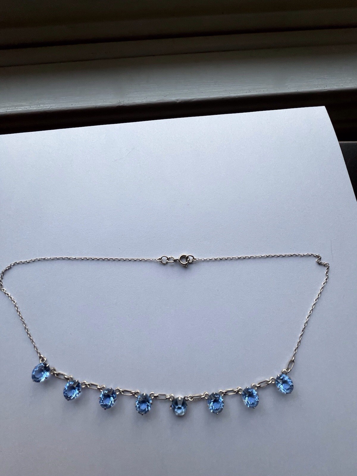 Antique Art Deco Sterling Silver Bezel Set Blue Crystal Necklace 17 Inches