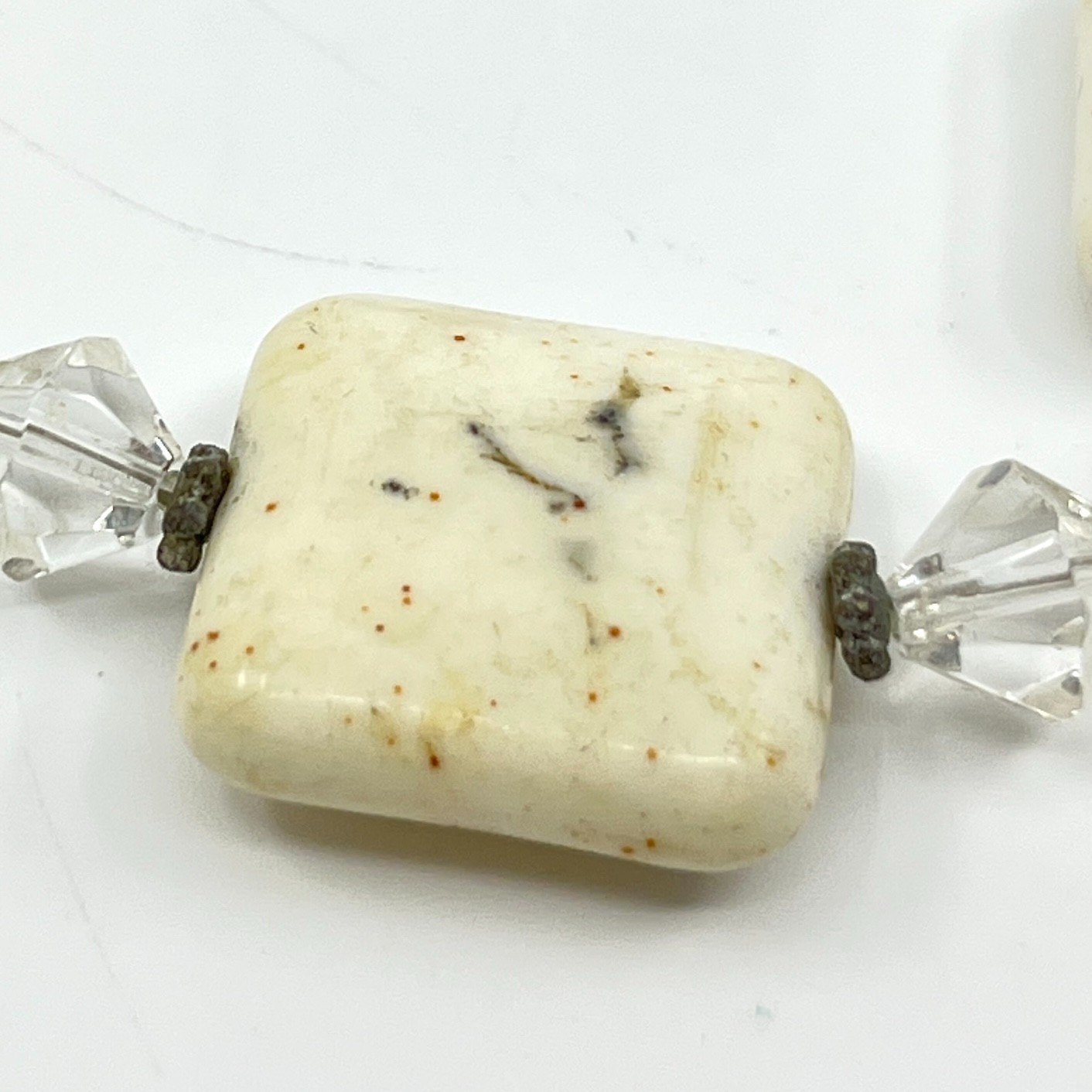 Vintage Boho Cream Square Stone & Crystal Toggle Bracelet – Earthy Neutral Style