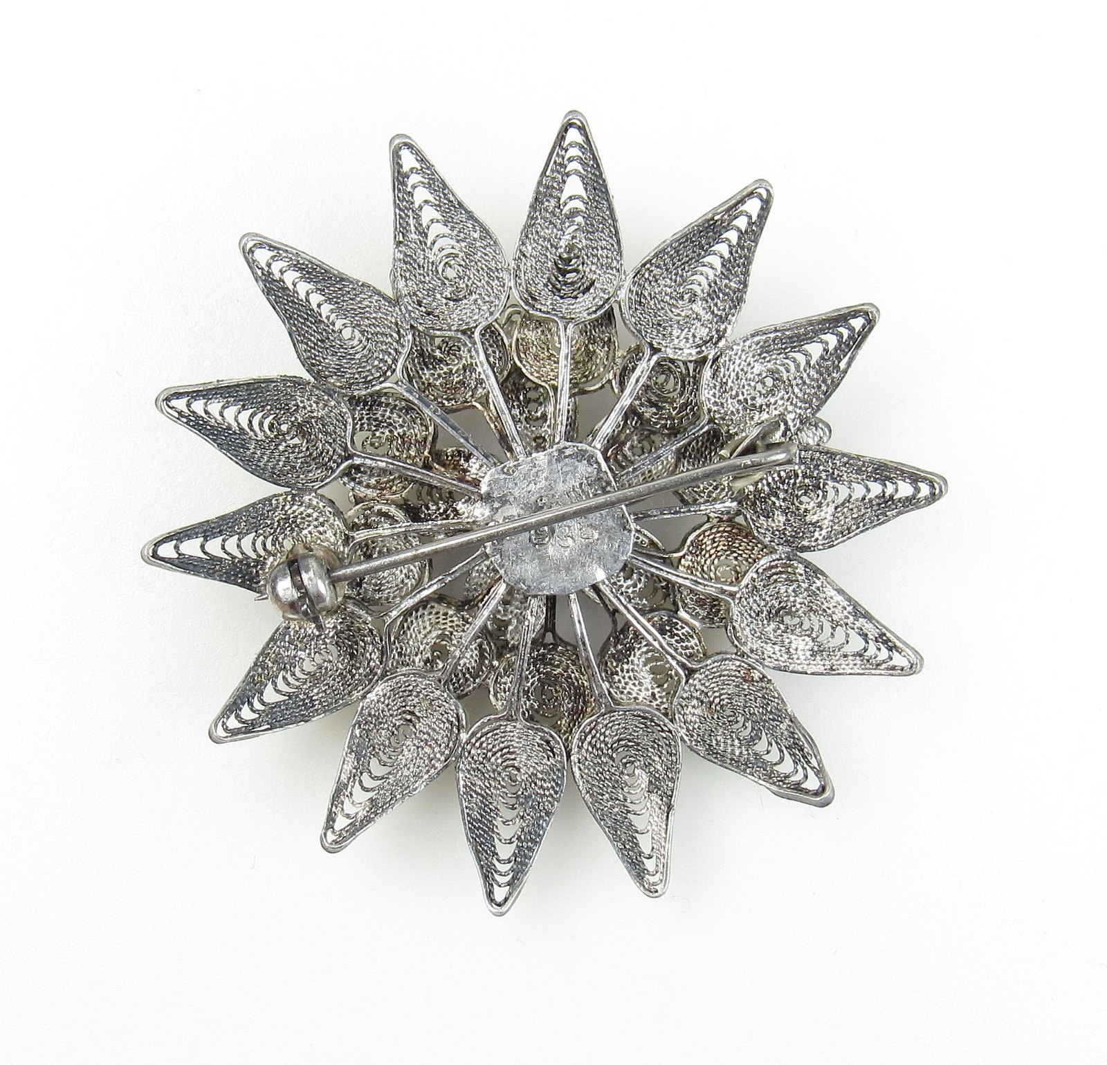 935 Argentium Silver Antique Filigree Flower Motif Brooch Pin about 1 – 3/4″