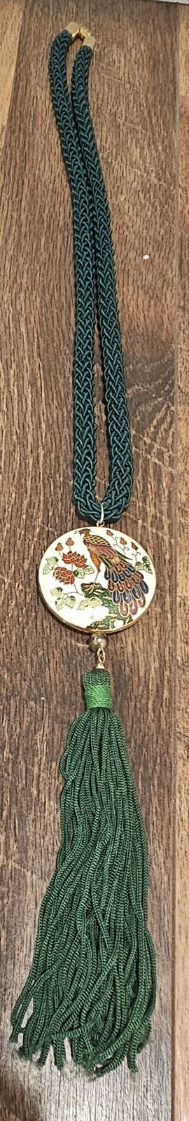 Cloisonné Necklace Peacock 2 Side Puffy Medallion Green Silky Cord Tassel
