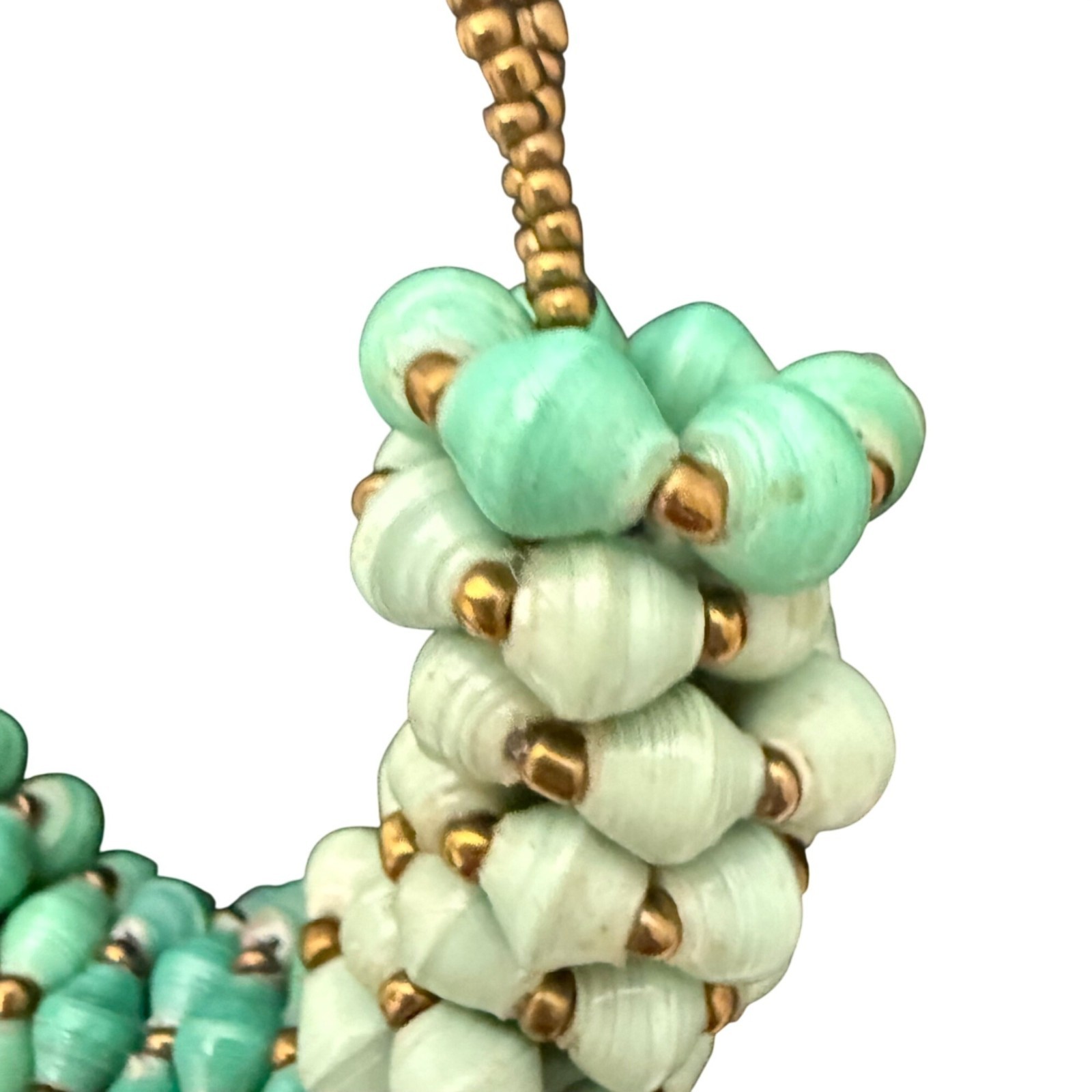 Vintage Teng Yue Necklace Paper Beads Statement Boho Green Gold Tone 22 inches