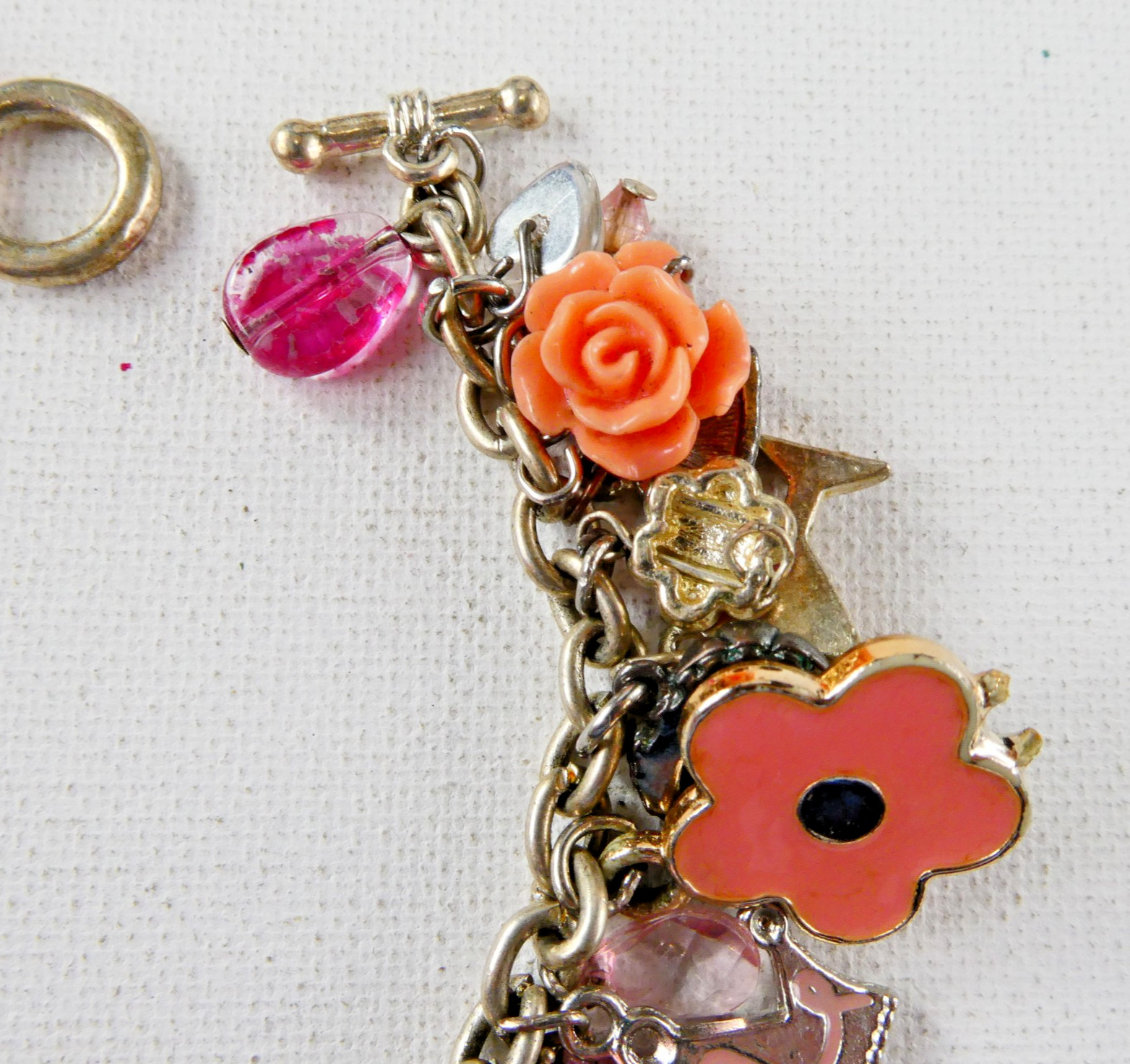Vintage PINK Flower Charm Bracelet Floral Hearts Enamel Rhinestones Toggle Clasp