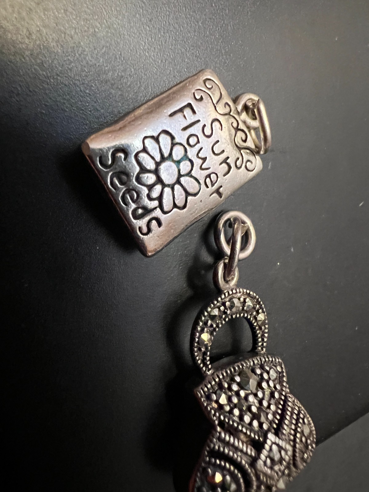 Sterling Silver Lot 2 Pendant Marcasite Purse and Seeds