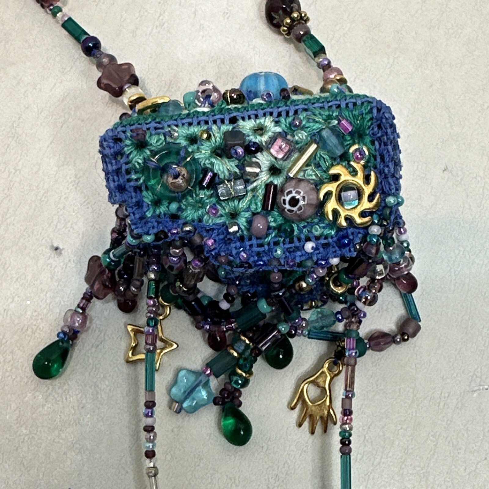 Vintage Handmade Blue Seed Bead Purse Necklace With Beaded Fringe-Bo Ho-Hippie