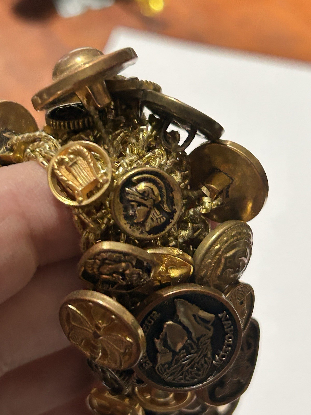 Vintage Mid-Century Buttons Bracelet Stretchy Crochet Gold Tone Victorian Style