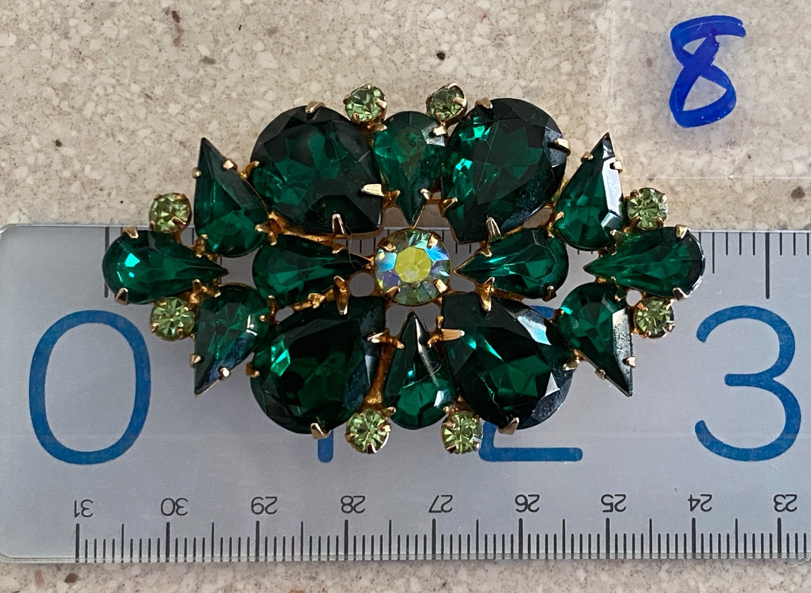 Vintage Emerald Green AB Rhinestone Brooch Faceted Marquise Prong Set