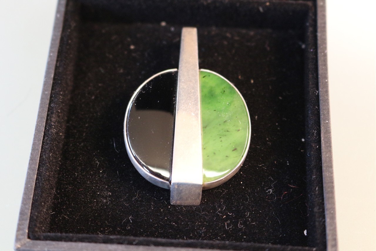 Niels Eric N. E. FROM Sterling Modernist Jade (Nephrite) and Onyx Pendant