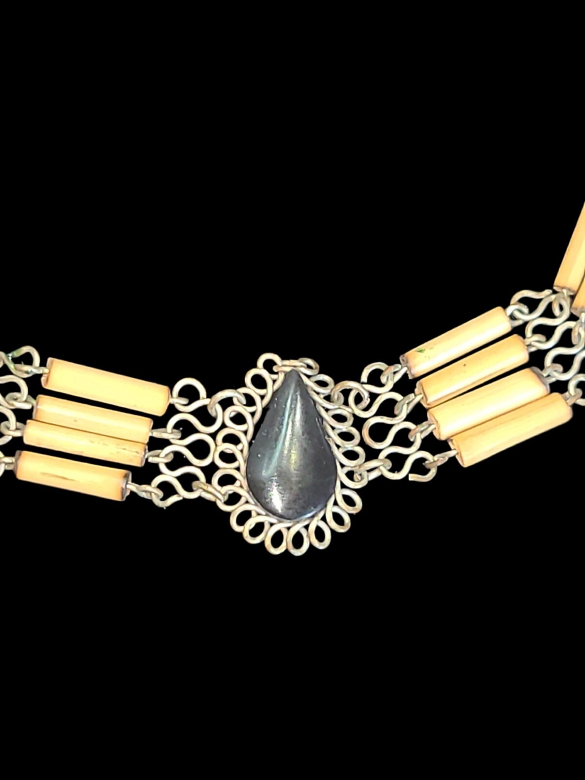 Vintage Small Bamboo Wood Artisan Bracelet Black stone 6.5″
