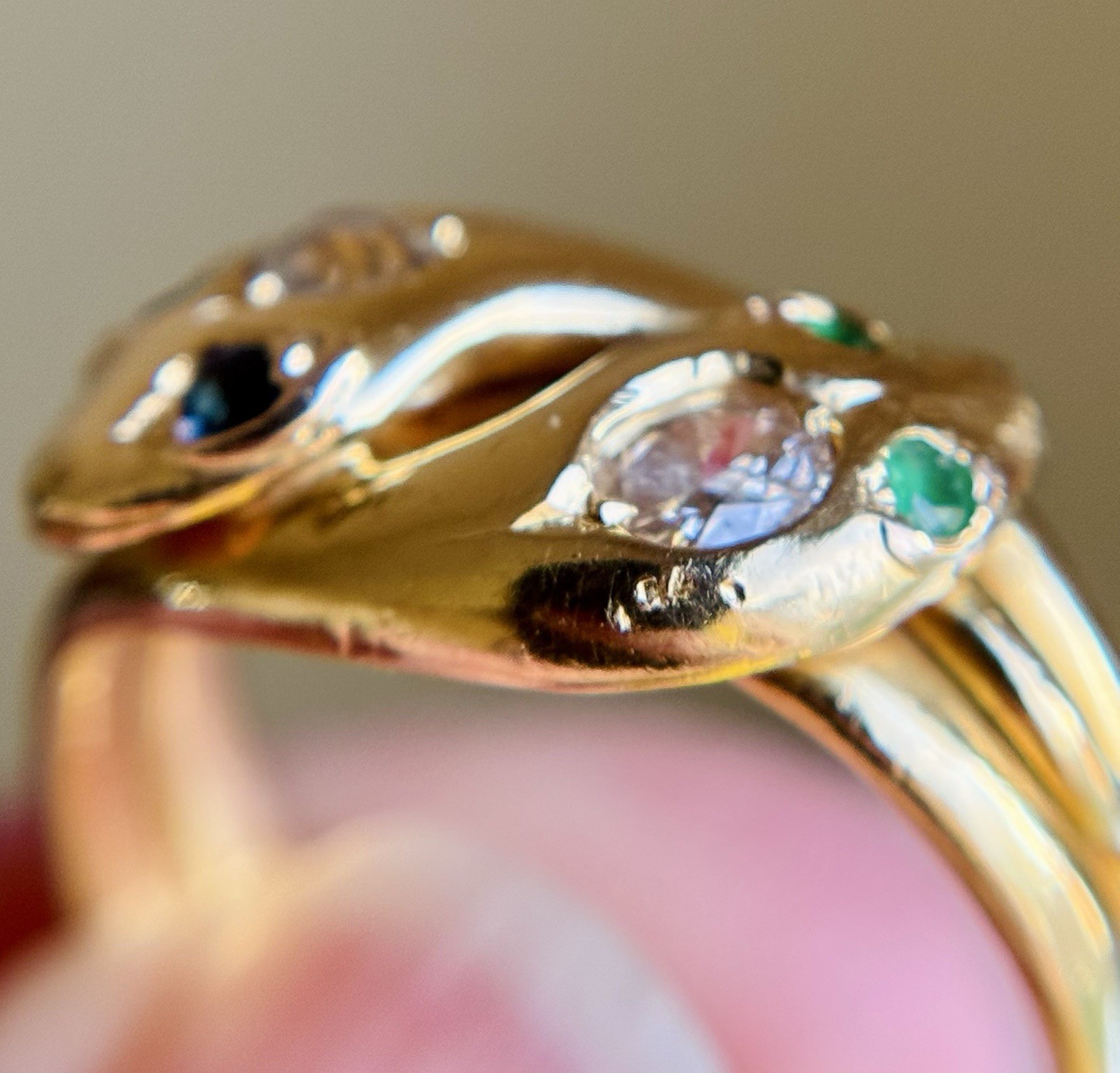 Antique Victorian 18K Gold Diamond Sapphire Emerald Double Snake Ring Sz 7.75 8g