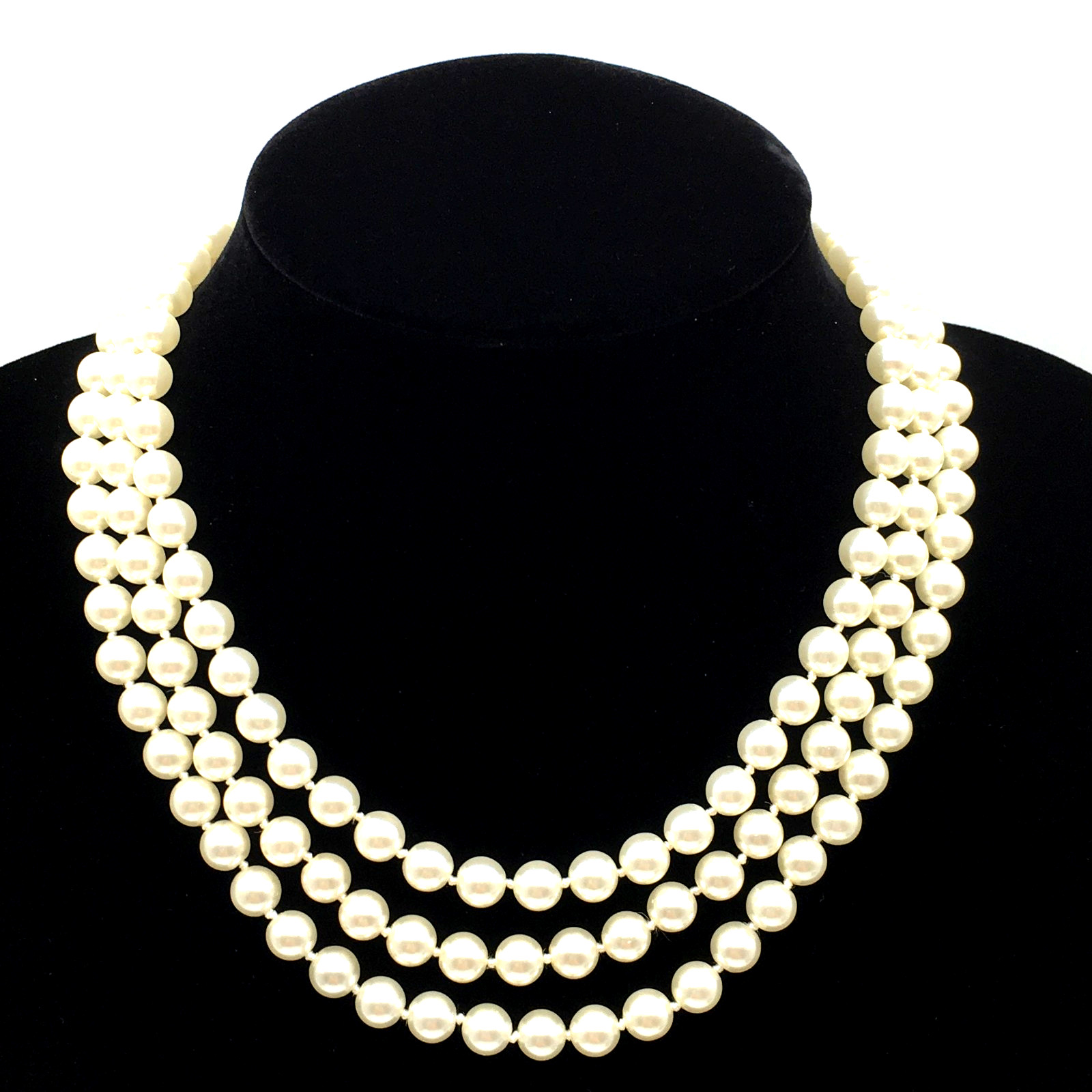 Vintage Cream Color Glass Pearls 3 Strand Hand Knot 15″ Necklace Pave Push Clasp