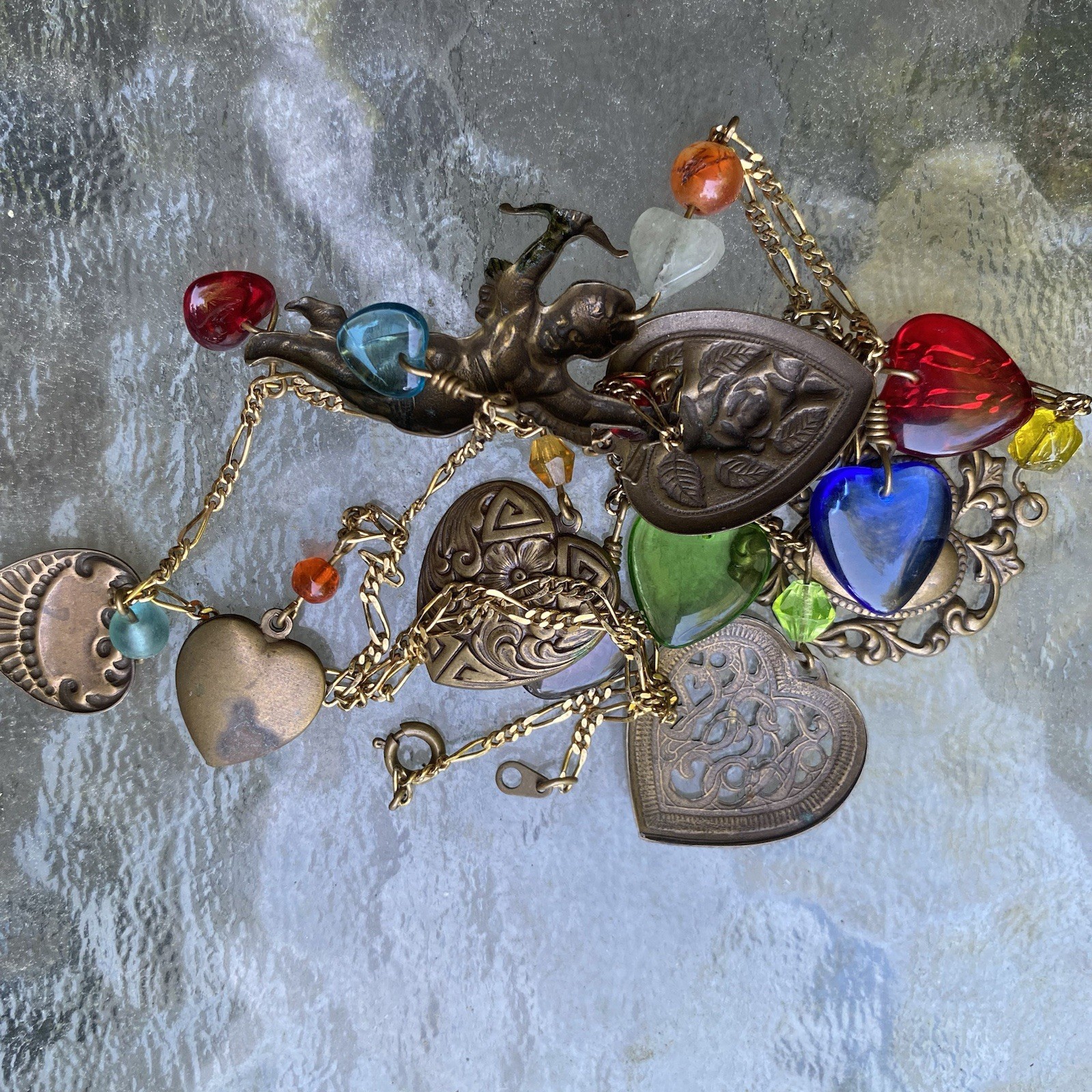 Vintage Glass Works Studio Charm Necklace GWS Cupid Heart Angel Costume Jewelry