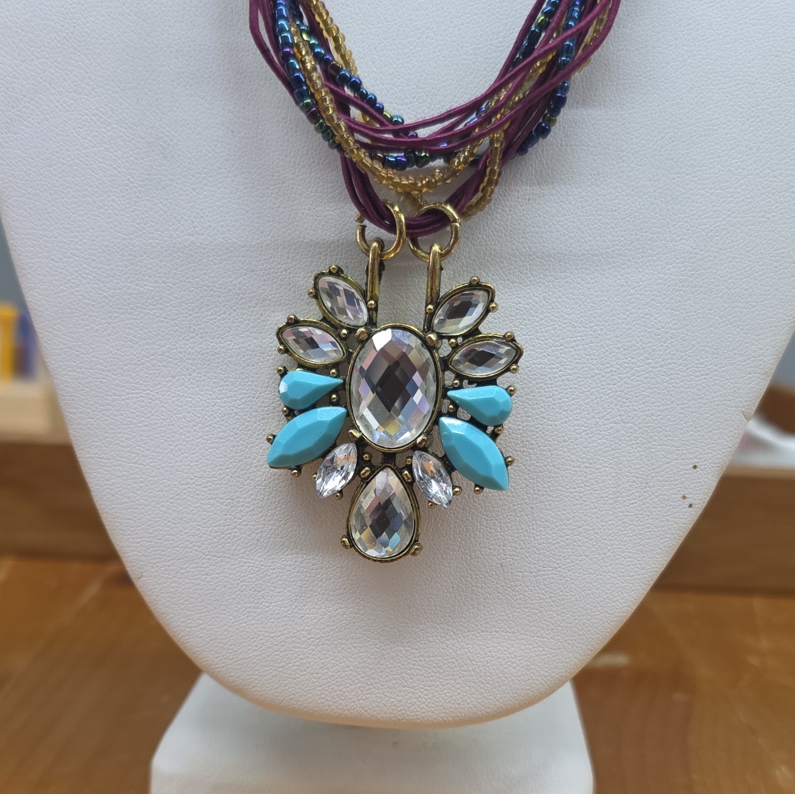 Vintage Necklace Multi Braided Bead Strand Statement Rhinestone Turquoise Blue
