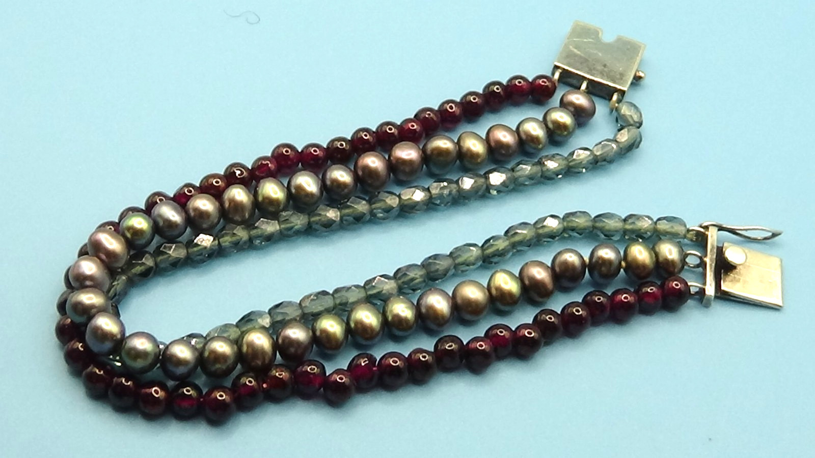 925 Sterling Silver Triple Strand Bracelet, Amethyst, Crystal & Peacock Pearl