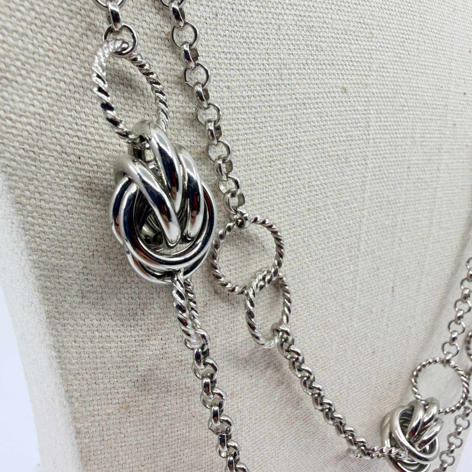 Vintage Silver Tone Long Layered Chain Necklace Textured Love Knot Station Boho