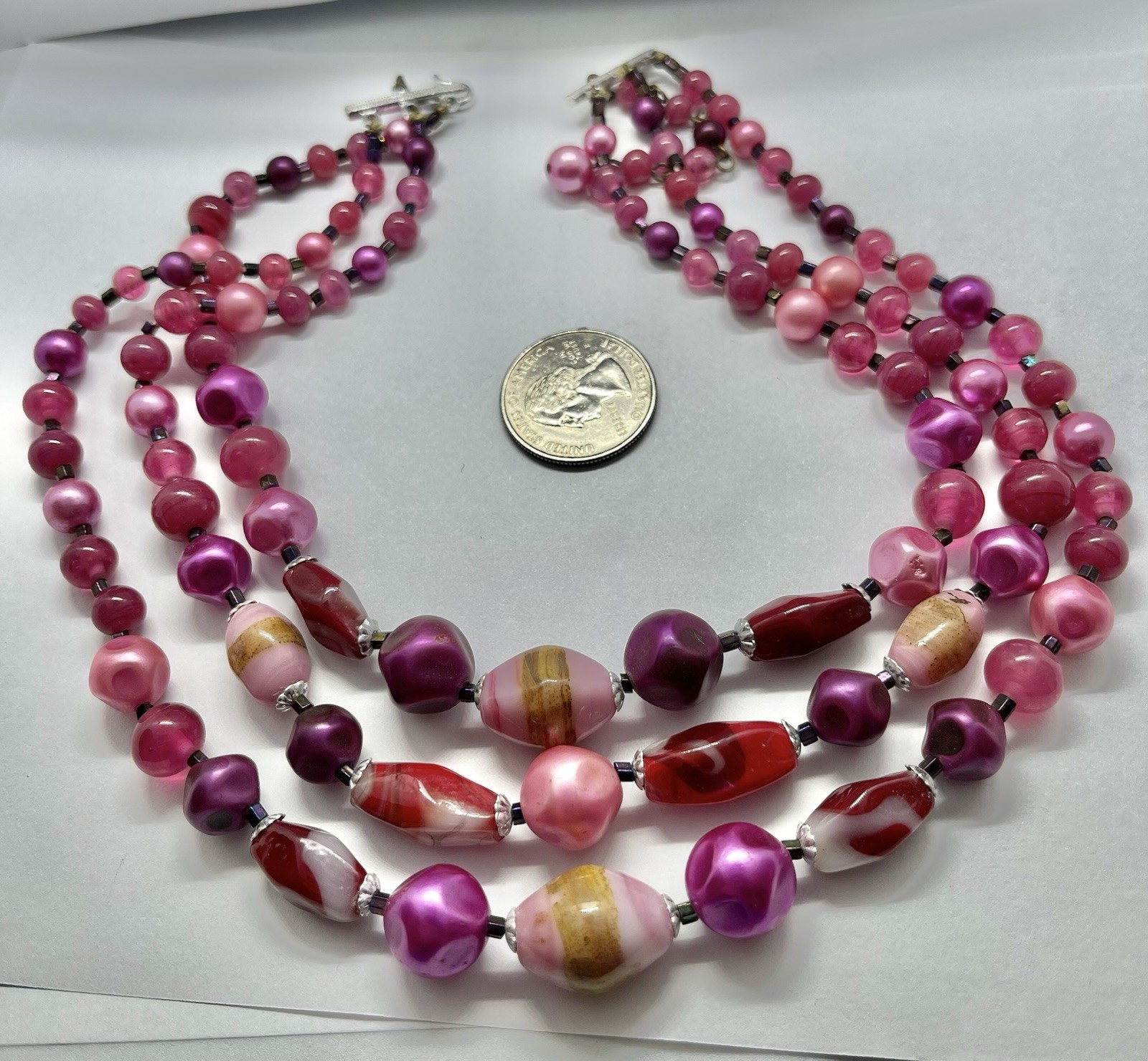 Vintage 3 Strands Art Glass & Lucite Beads Pink Red Brown Purple Silvertone 15”