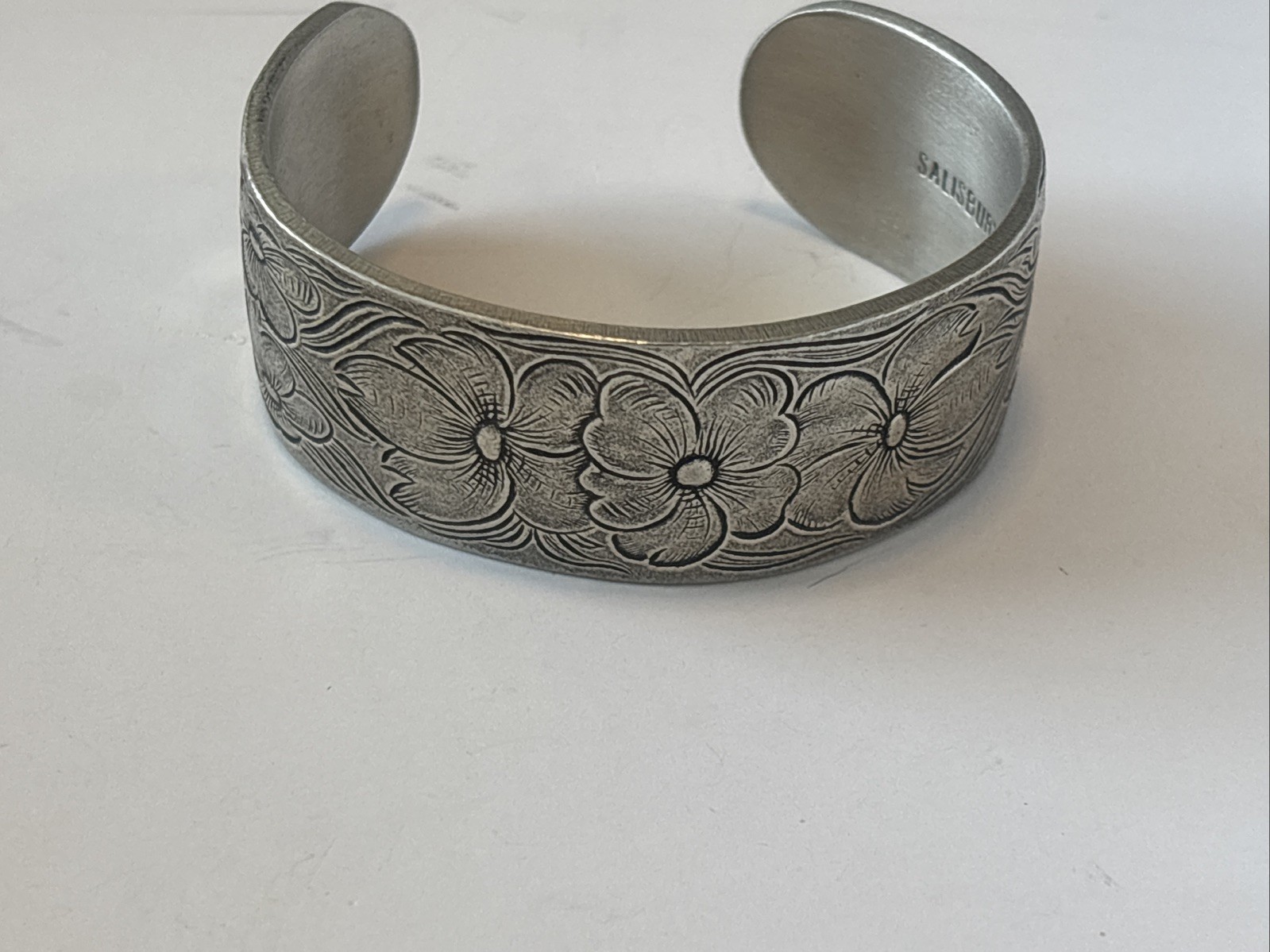 Cuff Bracelet Salisbury Pewter Vintage July Flower of the Month Silver Tone