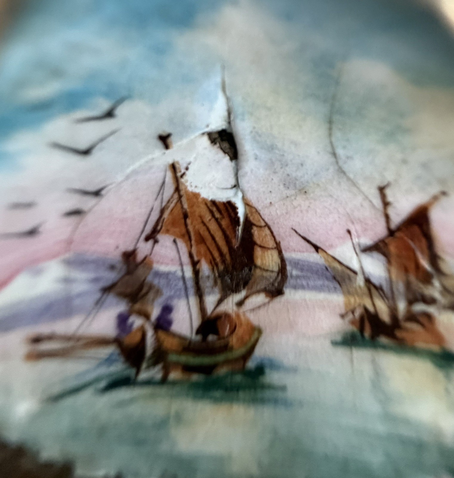 Antique Collectibles 800 Silver China Hand-Painted Sailboat Brooch Rare