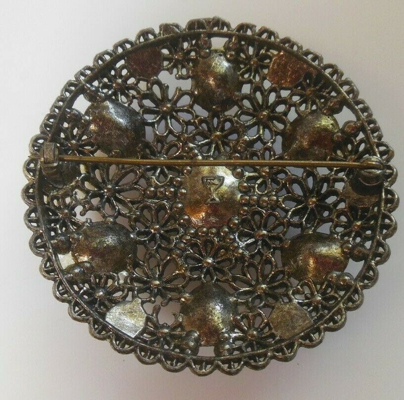 Antique New England Glass Works Large Brooch Red Rhinestones Floral Filigree
