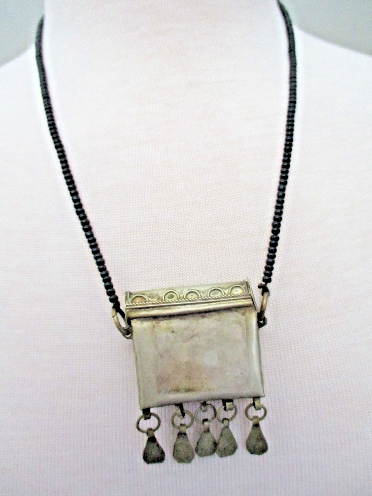 Vintage prayer necklace, blue stones and dangling decorative elements, 22 inches