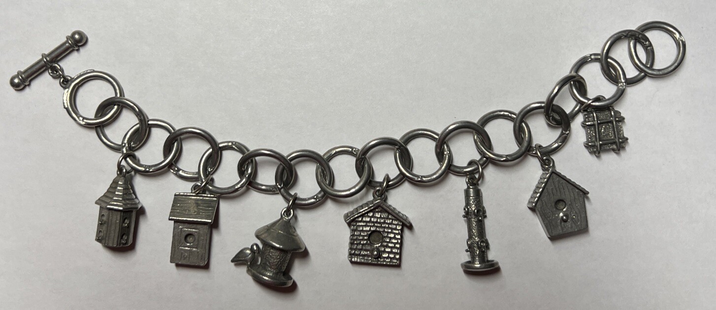 Vintage Jim Clift Pewter Signed Birdhouse/Bird Feeder Charm Bracelet Unique