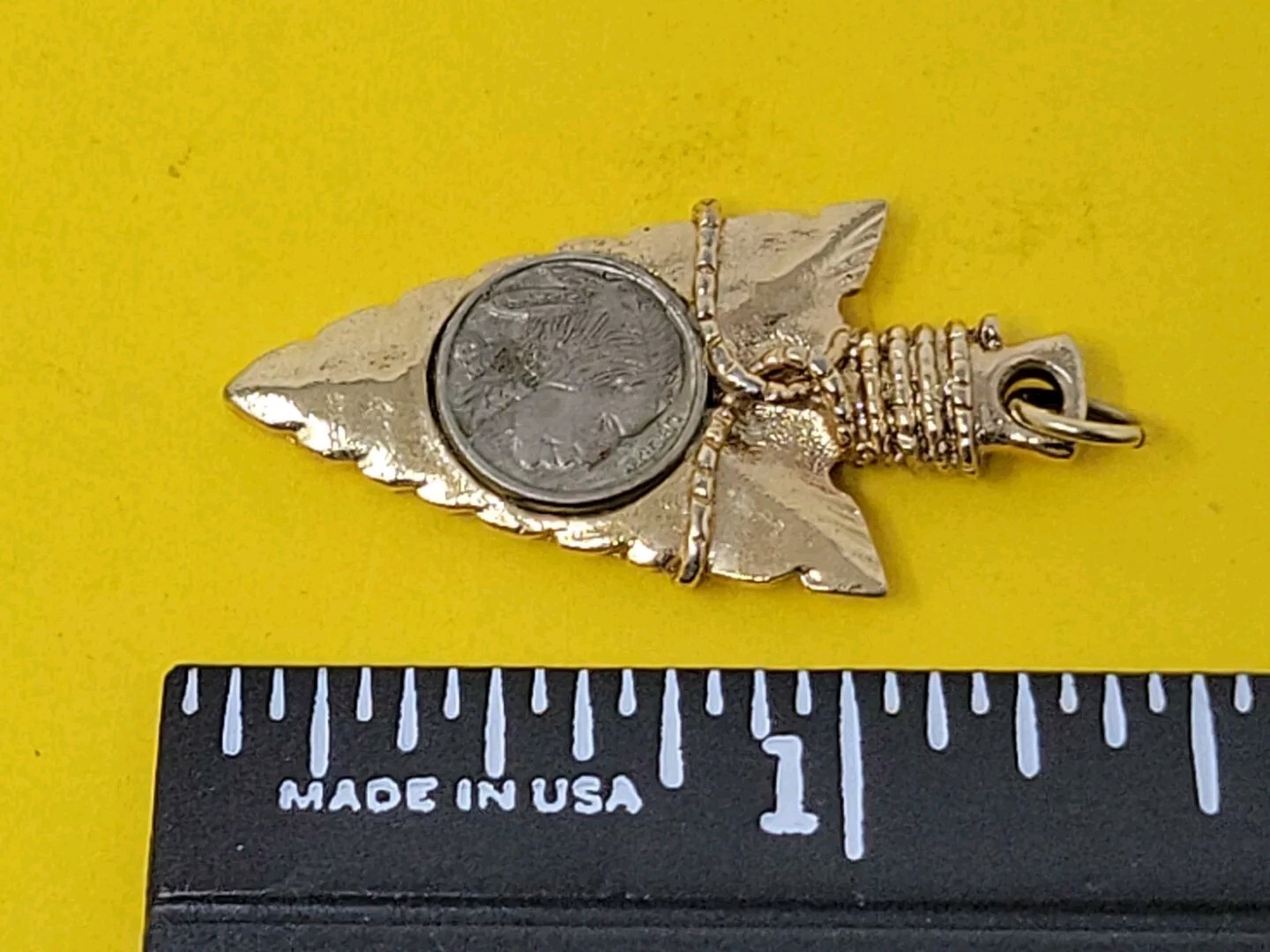 Vintage Miniature 1938 Buffalo Nickel Arrowhead Pendant Gold Tone Metal