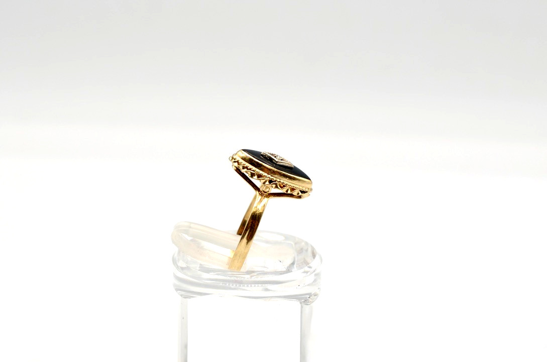 Vintage 14K Gold Diamond Onyx Ring Marquise Black Onyx Size 7.25~2.3g