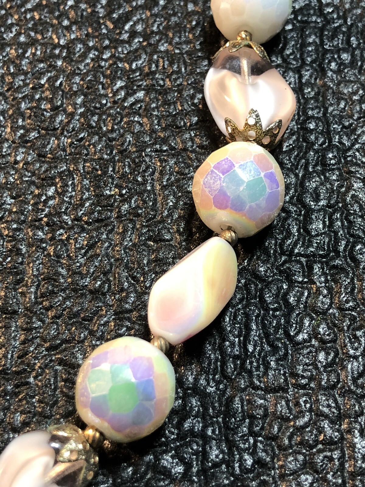 VTG Costume Jewelry Signed TRIFARI Charm,MOP Pinks,Purples,Greens Necklace 17.5”