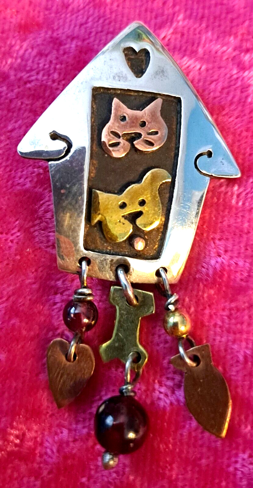 Vtg Far Fetched Dog Cat in A House Pin Sterling Silver Mixed Metals 3-D Mexico