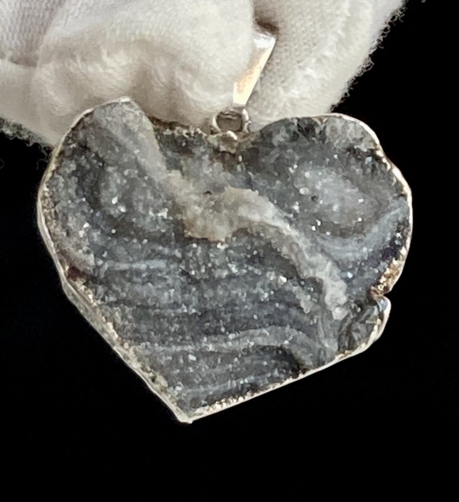 Heart Shimmery Crystal Rock Stone 1.25” Pendant 925 Sterling Silver 7.8g Ladies