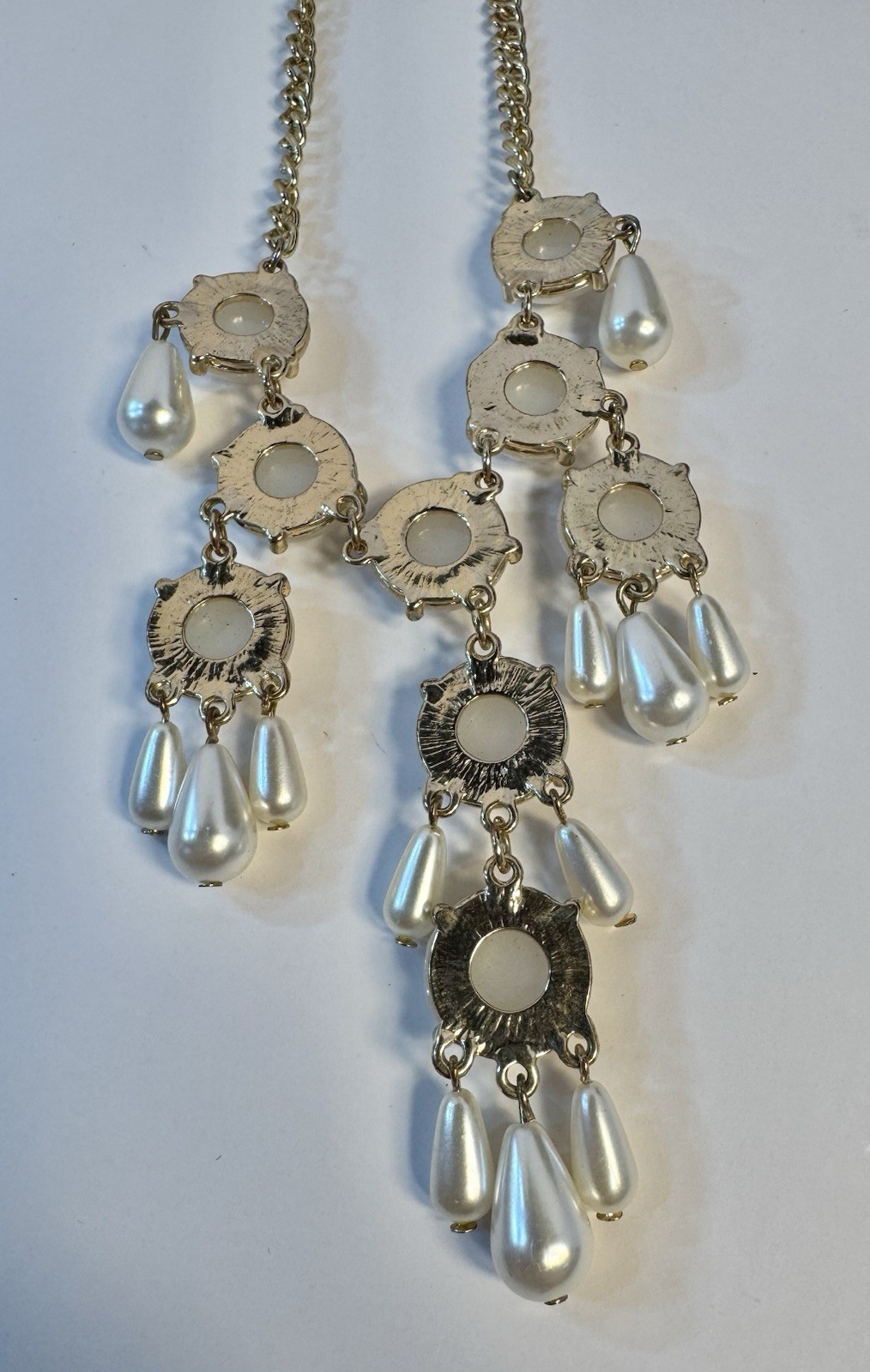 Faux Pearl Cluster Necklace Adjustable Length Ivory and Gold Tone