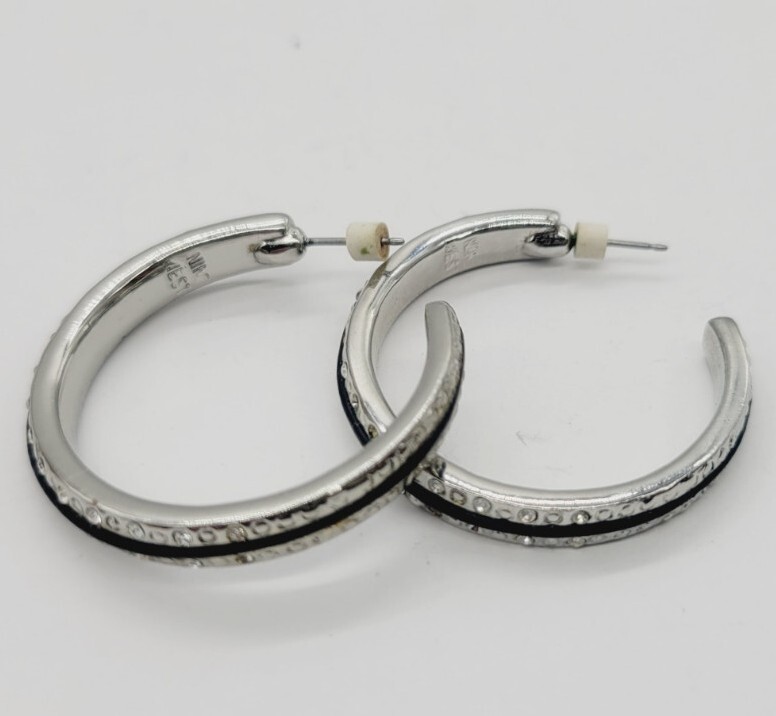 Nine West Hoop Earring Silver Tone Black with Crystal accent Pierced 1.5 in