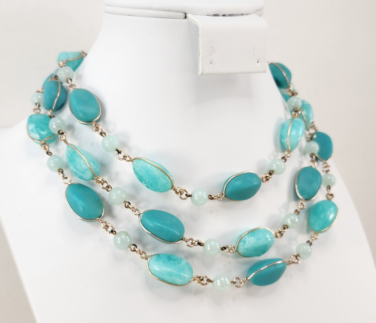 Vintage Western Germany Multi Strand Choker Necklace Beaded Blue 15 in-17.5 in