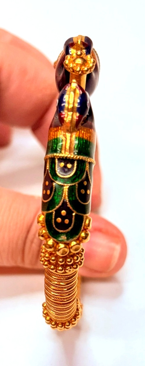 Antique 22k Yellow Gold Red Green Enamel Peacock Bangle Bracelet