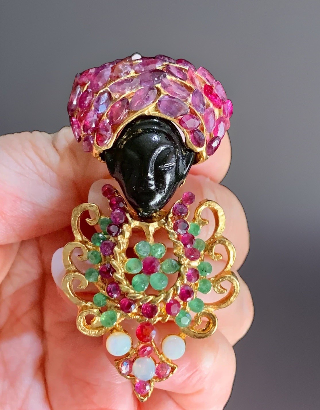 Vintage Natural Gemstone Blackamoor Brooch Pin with Ruby, Emerald,opal Gold 24kp